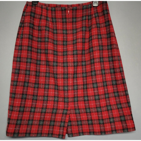 Vintage Skirt Womens 12 Red Black Plaid Wool Blend Lined Back Zip Vent Tartan - Picture 8 of 9